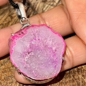 Pink Drusy Geode Solar Quartz Pendant 2”
